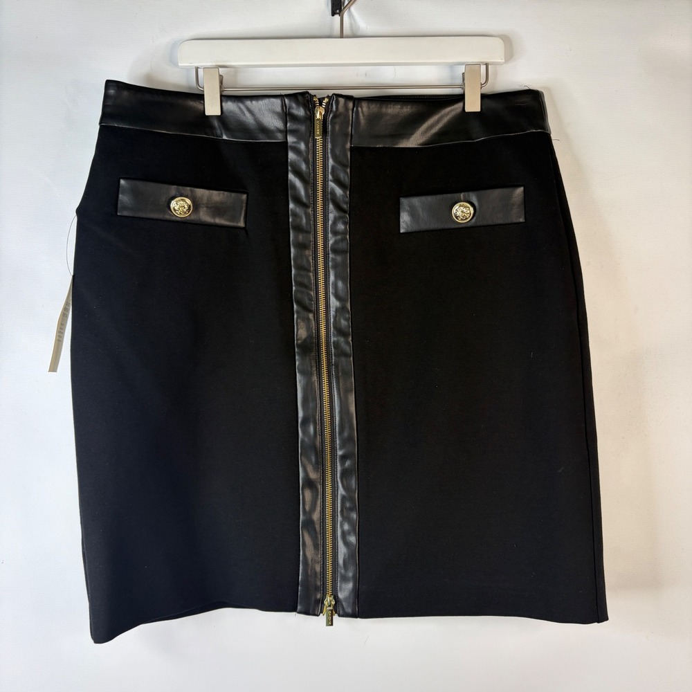 Cache Pencil Skirt Womens Large Black Faux Leather Trim Zip Front Gold Button
